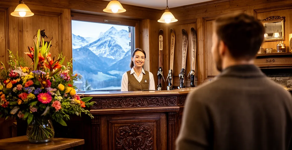 Accueil chaleureux dans le hall d'un hôtel de charme savoyard à Talloires