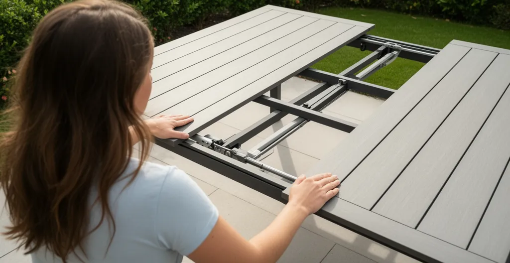 Personne dépliant la rallonge d'une table de jardin extensible sur terrasse résidentielle