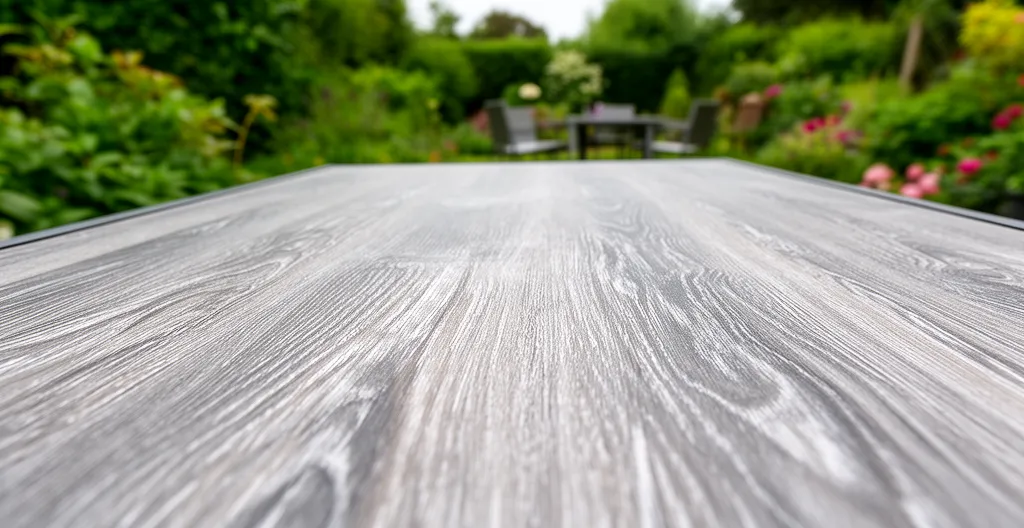 Détail de la texture aluminium effet bois d'une table de jardin extensible avec arrière-plan jardin