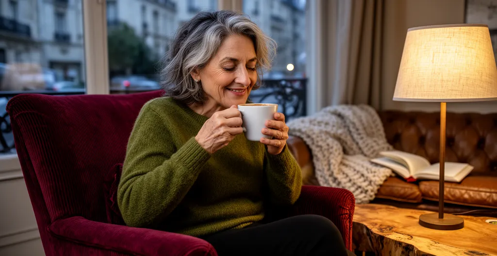 Femme savourant une tasse de café décaféiné en soirée dans son salon