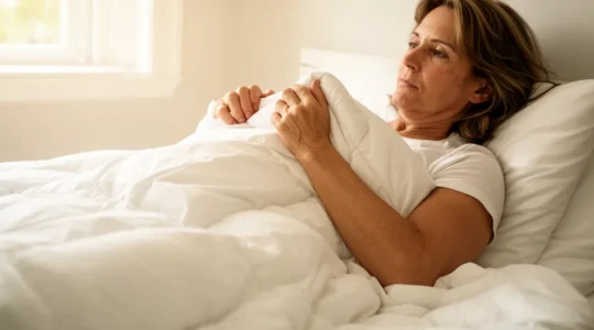 Femme installée dans un lit ajustant une couette blanche épaisse