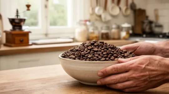 Grains de café décaféiné torréfiés dans un bol en céramique sur plan de travail cuisine française