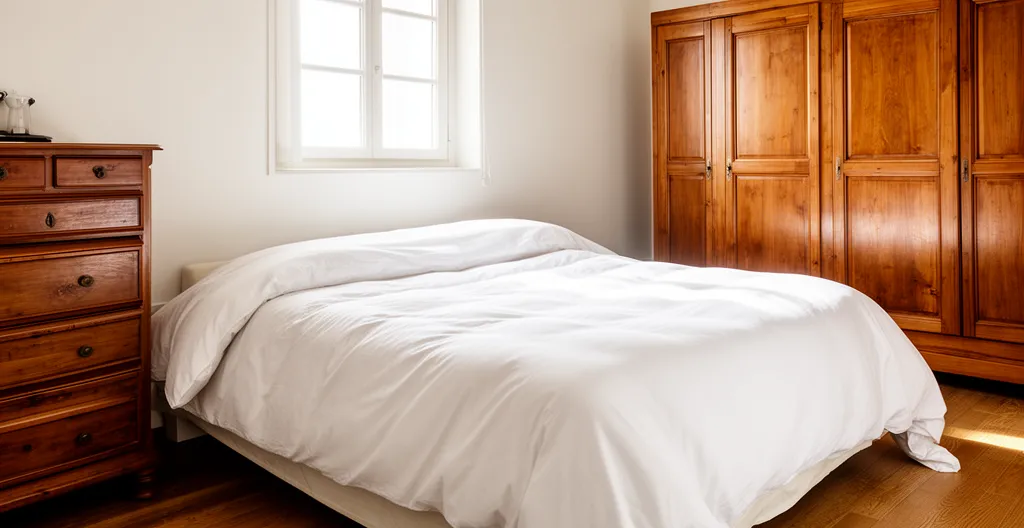 Chambre avec un lit double où la couette déborde généreusement sur les côtés