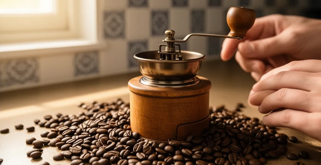 Moulin à café manuel avec grains décaféinés visibles sur plan de travail cuisine française