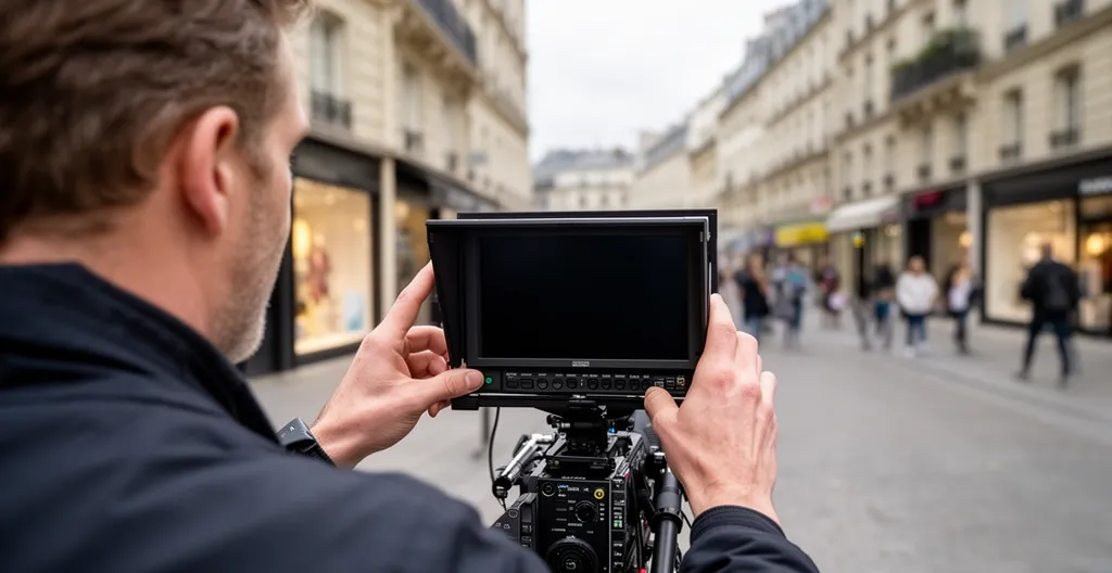 Opérateur contrôlant son moniteur externe pendant un tournage urbain en extérieur