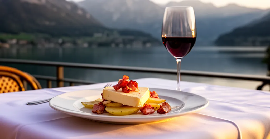 Table gastronomique dressée sur terrasse avec vue sur le lac d'Annecy