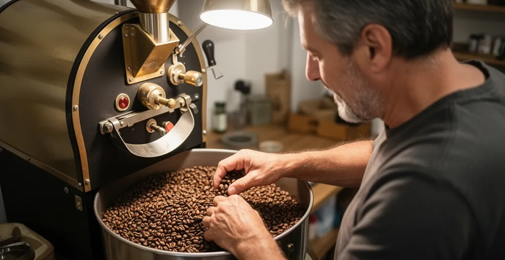 Torréfacteur artisan français vérifiant la qualité des grains de café décaféiné