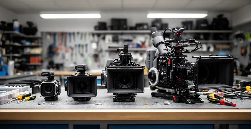 Trois formats de caméscopes professionnels côte à côte montrant les différences de gabarit