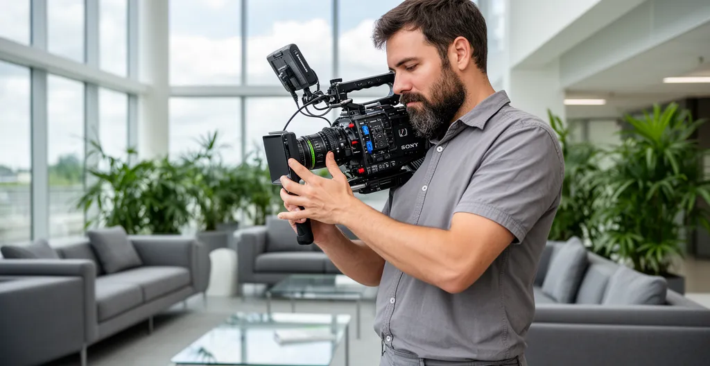 Vidéaste professionnel ajustant les réglages de son caméscope lors d'un tournage corporate