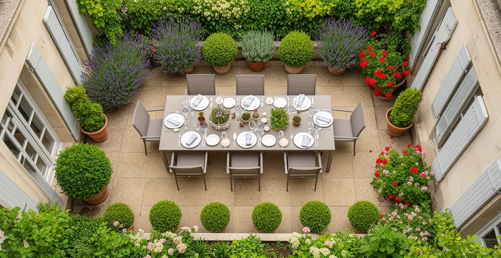 Vue aérienne d'une terrasse française avec table extensible et espace de circulation visible autour