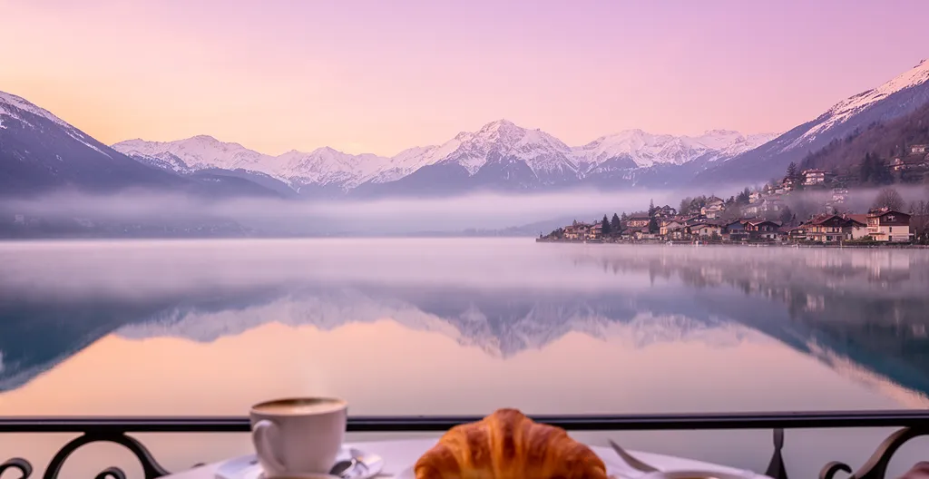 Vue panoramique du lac d'Annecy depuis une terrasse d'hôtel à Talloires au lever du jour