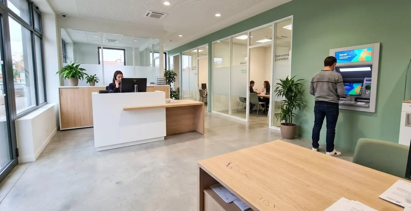 Espace d'accueil contemporain d'une agence bancaire coopérative avec larges baies vitrées et signalétique minimaliste