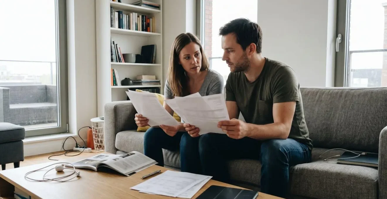 Un couple dans la trentaine examine des documents côte à côte sur un canapé, lumière naturelle venant d'une grande fenêtre, intérieur contemporain épuré