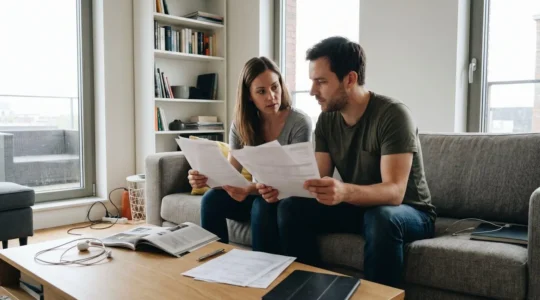 Un couple dans la trentaine examine des documents côte à côte sur un canapé, lumière naturelle venant d'une grande fenêtre, intérieur contemporain épuré