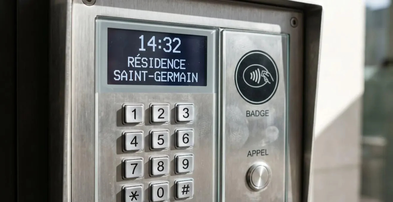 Gros plan sur un interphone numérique et un badge d'accès à l'entrée d'un immeuble résidentiel contemporain, matériaux brossés, lumière naturelle latérale