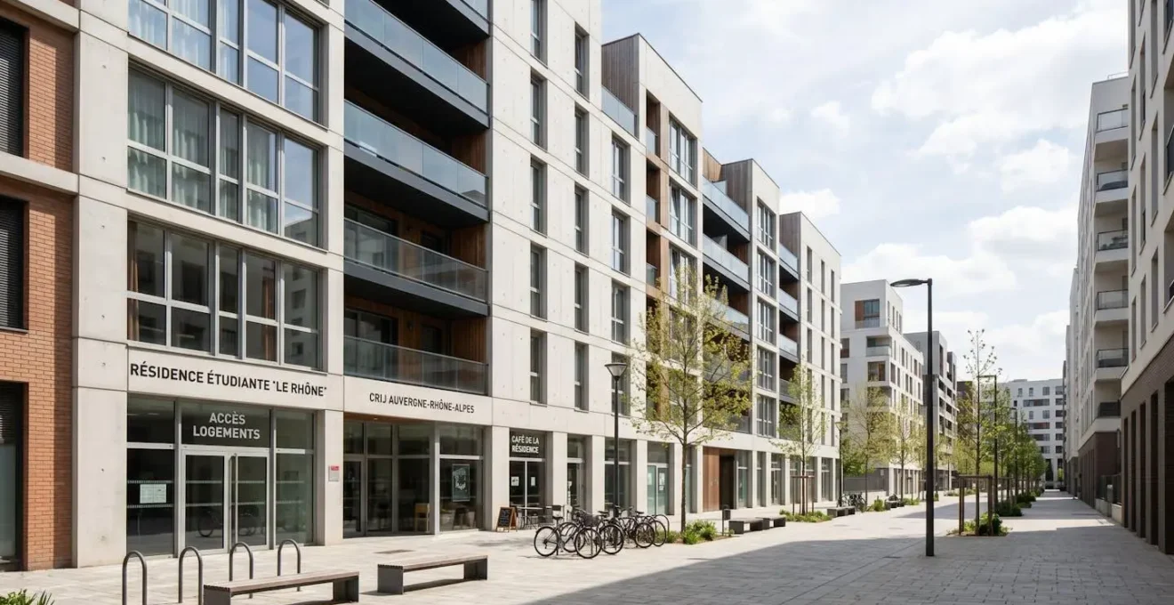 Vue en contre-plongée d'un immeuble résidentiel contemporain dans une ville universitaire française, grandes fenêtres, zone piétonne devant, lumière du jour naturelle, architecture années 2020
