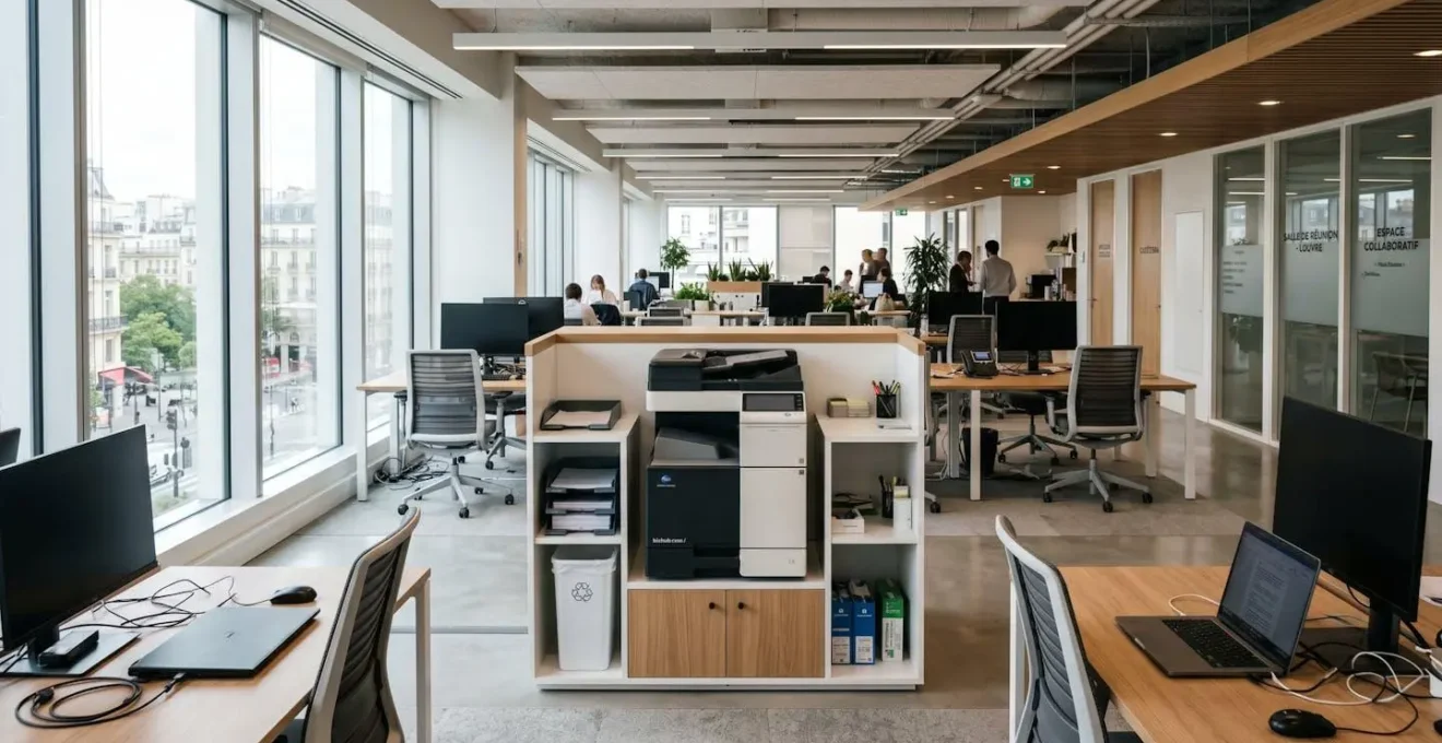 Vue en angle large d'un open space de bureau français moderne et lumineux avec une imprimante multifonction laser sur un meuble dédié au centre, de grandes baies vitrées apportant la lumière naturelle et un décor contemporain