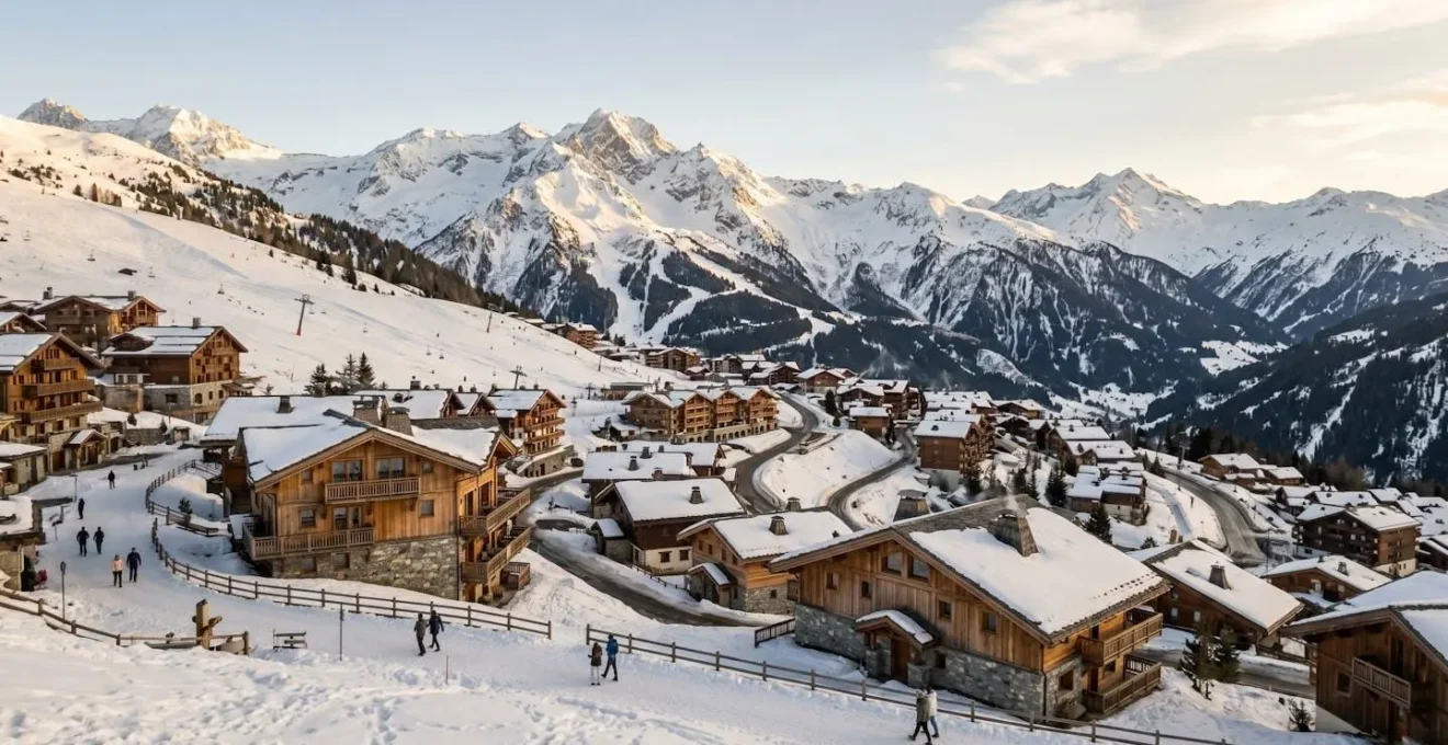 Vue panoramique sur les montagnes enneigées des Alpes avec les villages de Courchevel visibles en contrebas sous une lumière naturelle de fin de journée