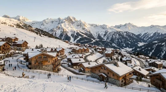 Vue panoramique sur les montagnes enneigées des Alpes avec les villages de Courchevel visibles en contrebas sous une lumière naturelle de fin de journée