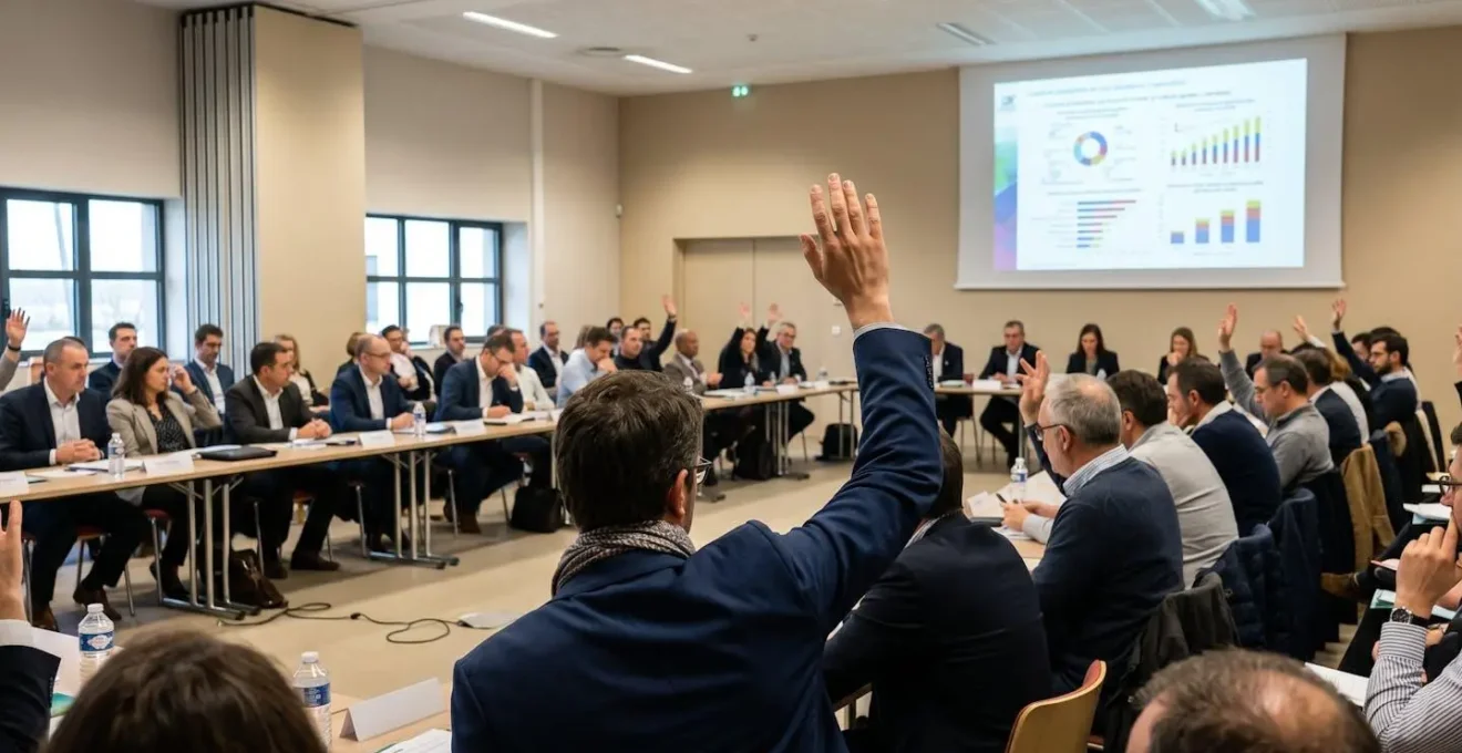 Personne photographiée de dos levant la main pour voter lors d'une assemblée générale dans une salle de conférence moderne, avec d'autres participants flous en arrière-plan