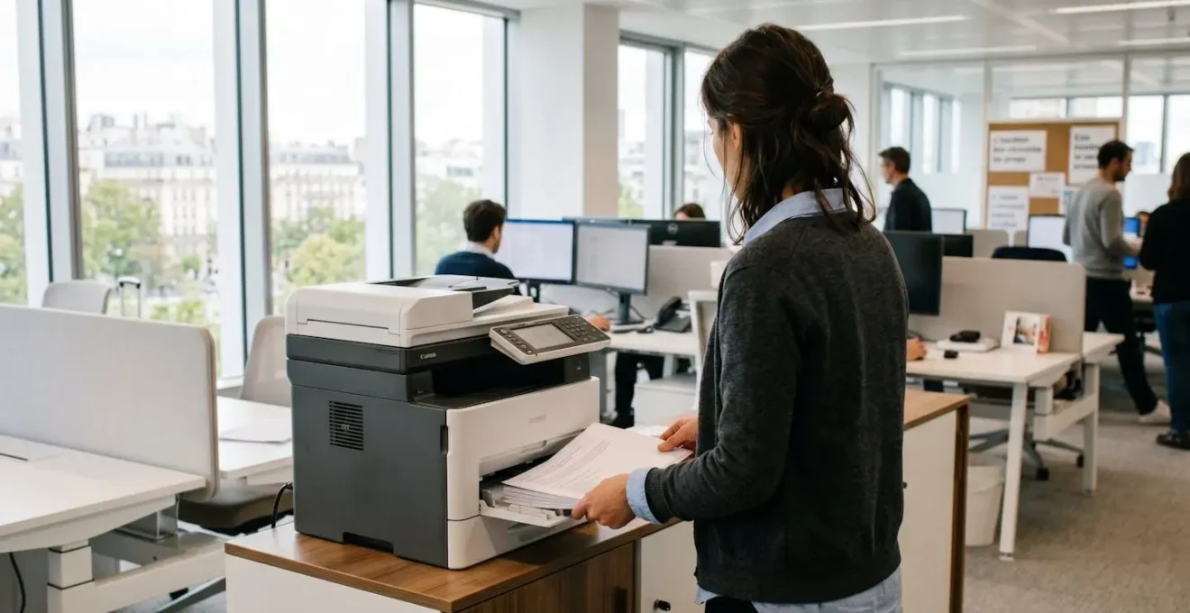 Un professionnel de dos récupère une pile de documents fraîchement imprimés sur une imprimante multifonction laser dans un bureau moderne éclairé par la lumière naturelle