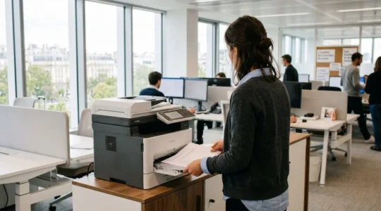 Un professionnel de dos récupère une pile de documents fraîchement imprimés sur une imprimante multifonction laser dans un bureau moderne éclairé par la lumière naturelle