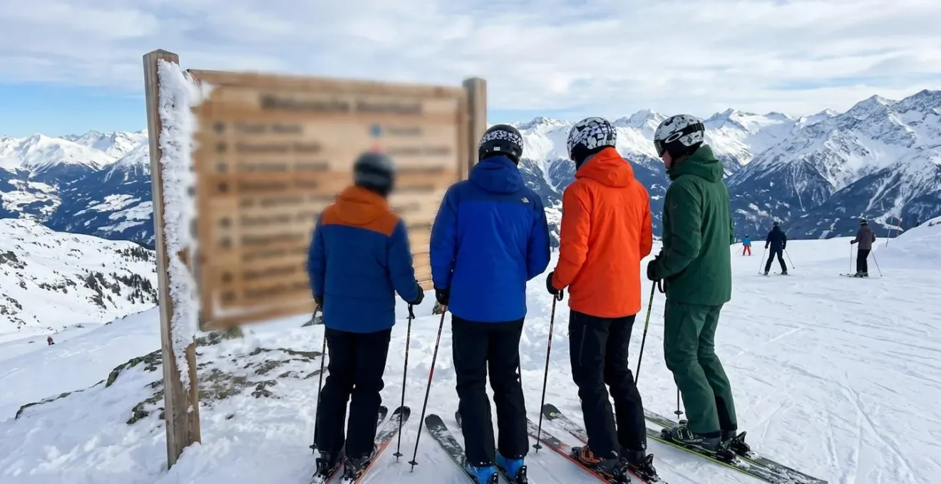 Deux skieurs vus de dos contemplent un panneau d'orientation en montagne sous une lumière naturelle éclatante, équipés de tenues de ski modernes