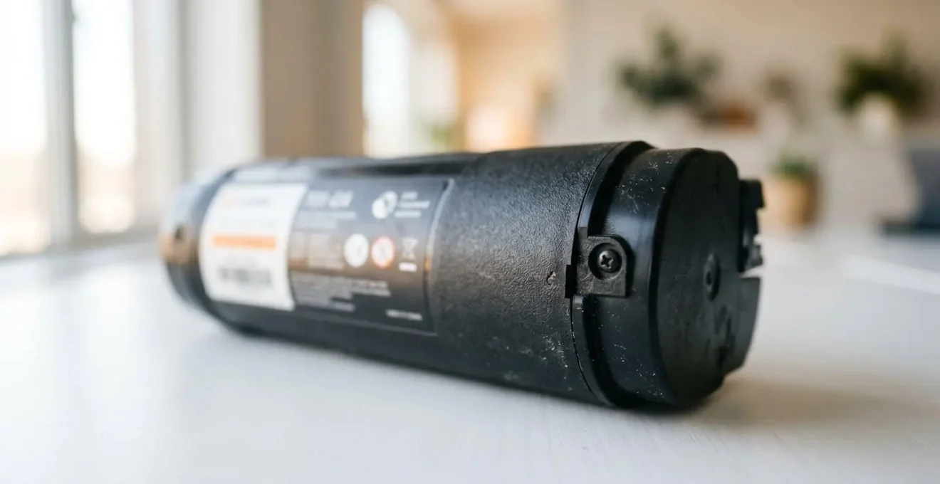 Gros plan sur une cartouche de toner laser noire posée sur une surface de bureau blanche moderne, avec une belle profondeur de champ et un arrière-plan flouté