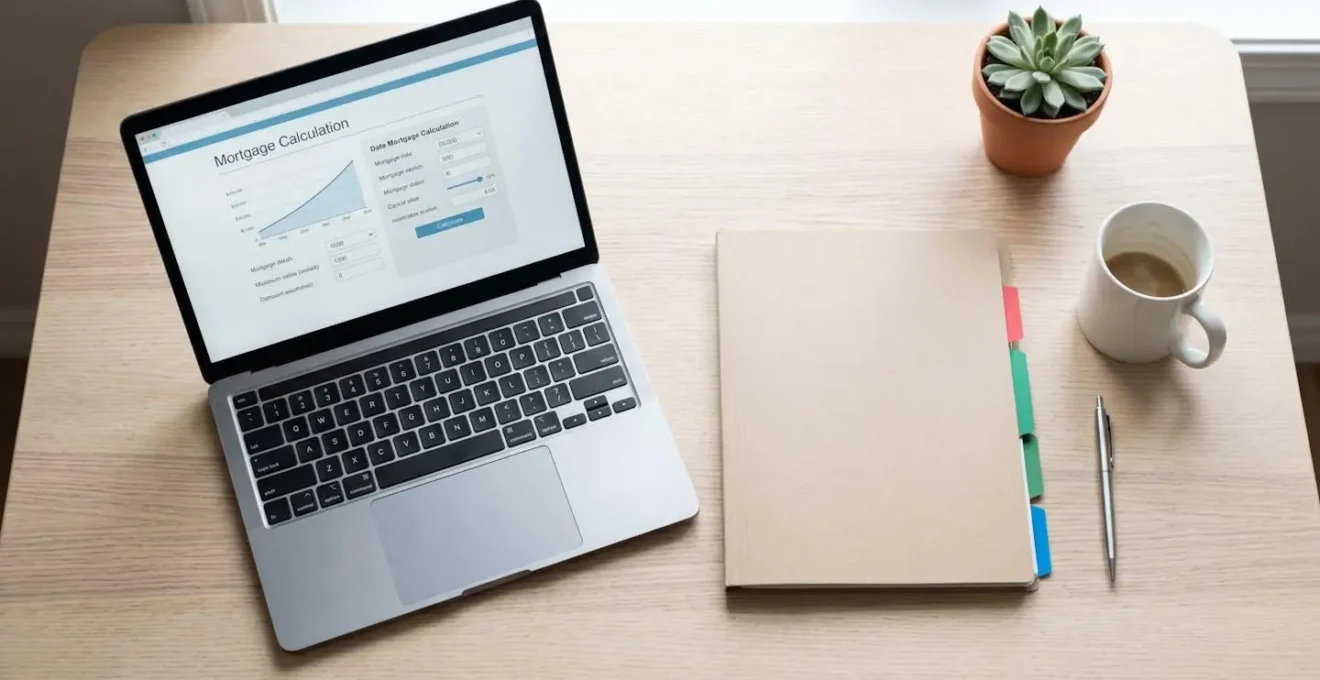Bureau ordonné avec ordinateur portable, dossier cartonné et tasse de café, évoquant la préparation d'un dossier de crédit immobilier.