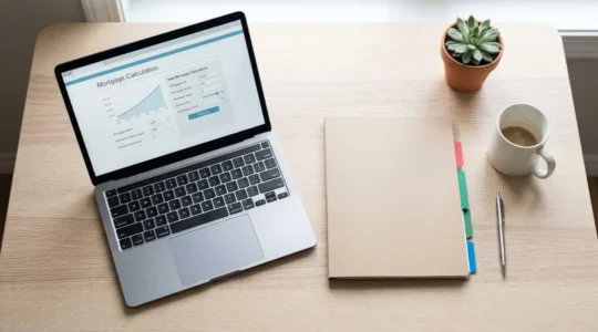 Bureau ordonné avec ordinateur portable, dossier cartonné et tasse de café, évoquant la préparation d'un dossier de crédit immobilier.