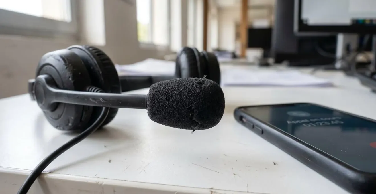 Gros plan d'un casque audio professionnel avec microphone à réduction de bruit posé sur un bureau contemporain blanc, à côté d'un smartphone affichant un chronomètre d'appel