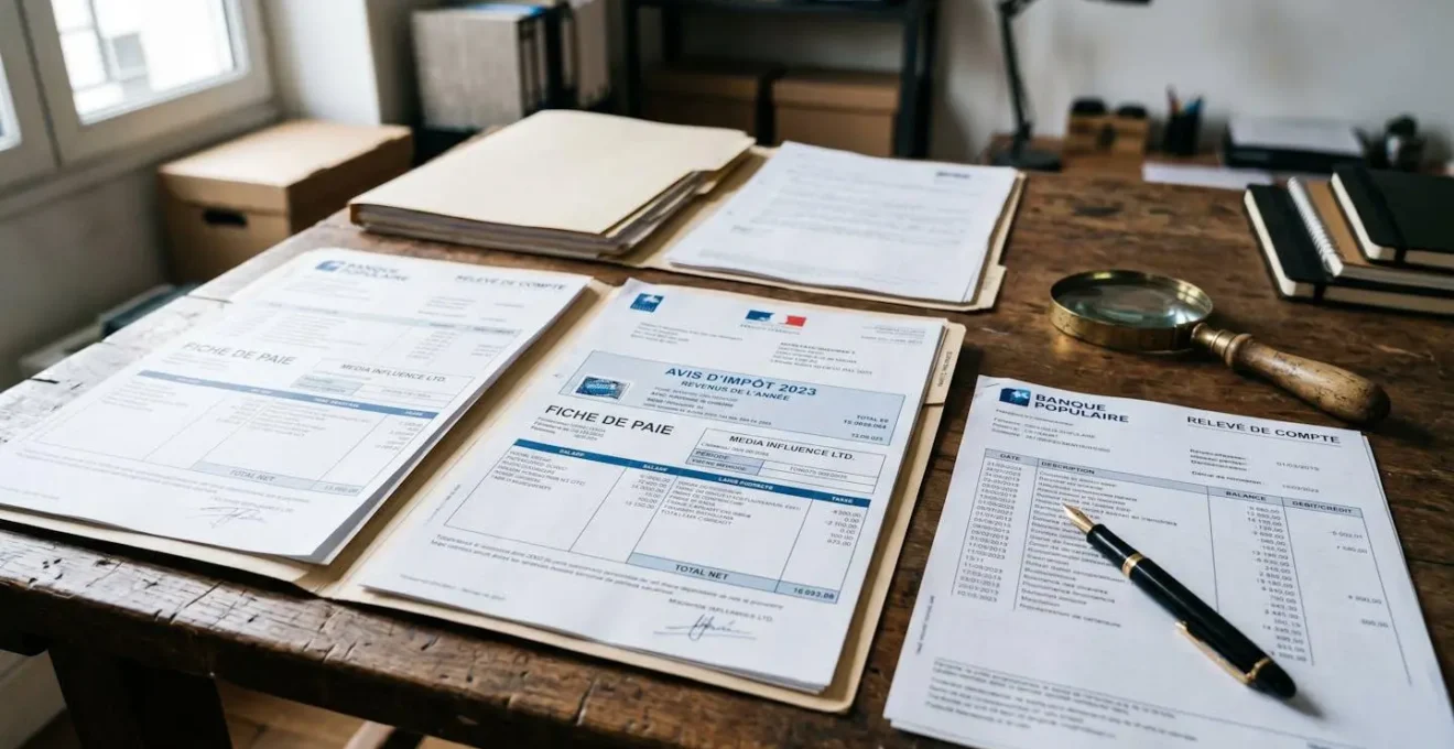 Documentation financière (bulletins de salaire, relevés) étalée sur une table, prête pour une demande de crédit.