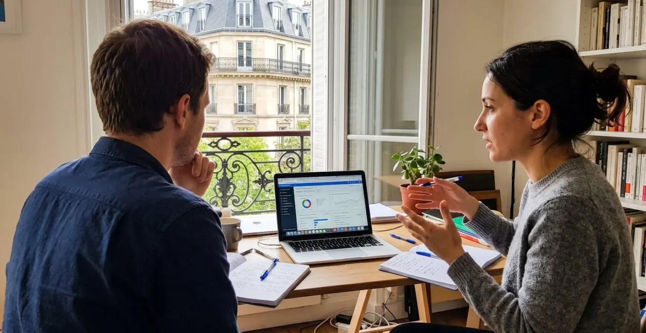 Deux personnes en session de coaching commercial informelle dans un bureau à domicile lumineux, l'une écoutant attentivement pendant que l'autre explique avec des gestes naturels