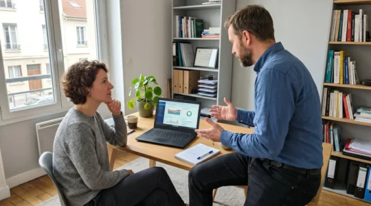 Deux personnes en session de coaching commercial informelle dans un bureau à domicile lumineux, l'une écoutant attentivement pendant que l'autre explique avec des gestes naturels