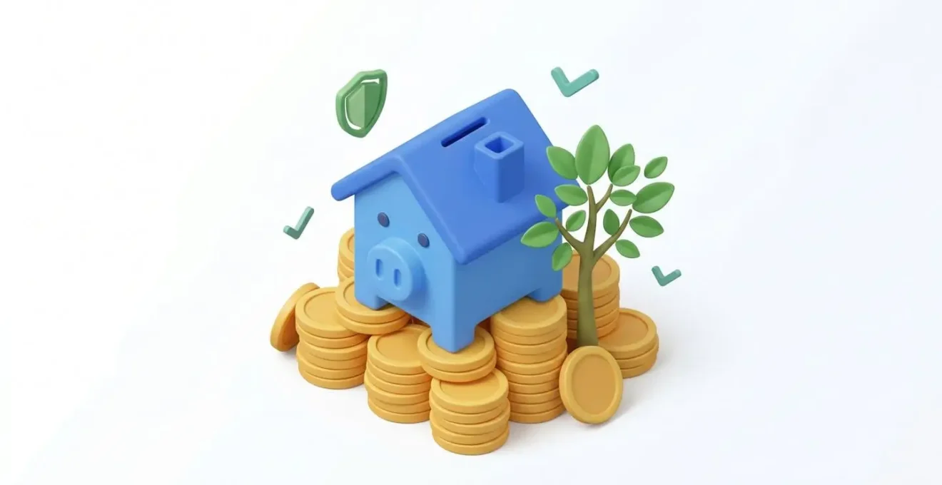 Illustration isométrique d'une tirelire maison sur des pièces, symbolisant l'épargne pour un crédit immobilier.