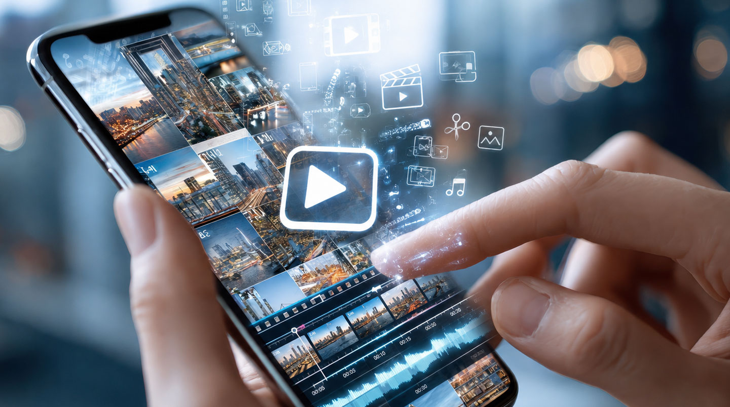 Mains tenant un smartphone affichant une séquence vidéo composée de photos en lumière naturelle