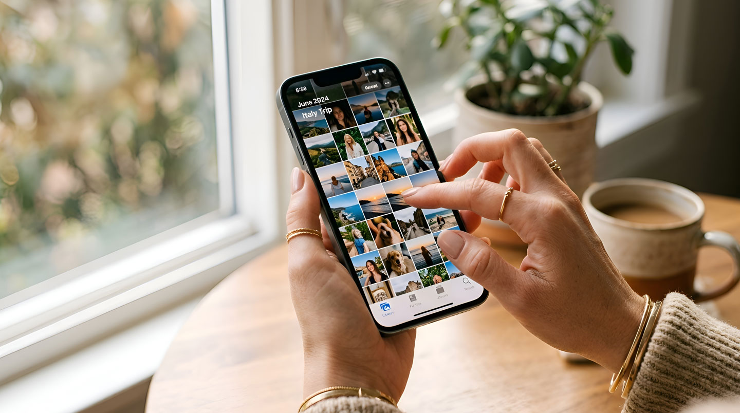 Vue rapprochée d'une main organisant des vignettes photos dans un éditeur vidéo en ligne