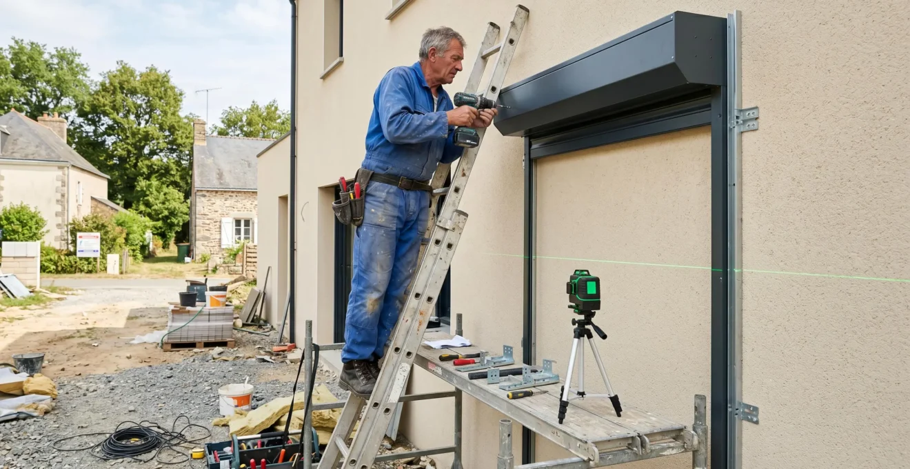 Artisan menuisier installant un coffre de volet roulant sur façade de maison contemporaine, échelle et outils professionnels visibles, chantier de rénovation à Cholet