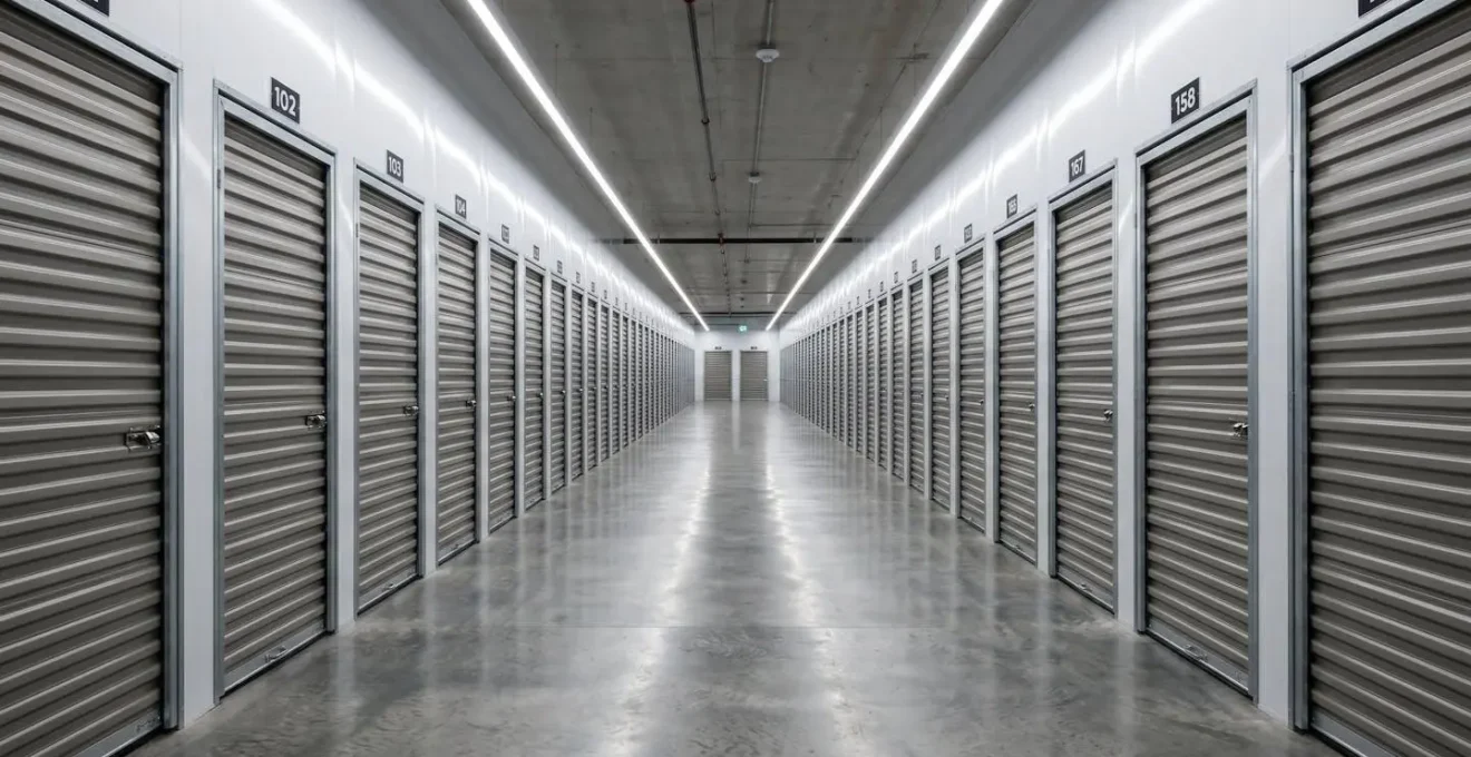 Couloir de box de stockage modernes avec éclairage LED et portes métalliques sécurisées, illustrant le self-stockage en libre-service