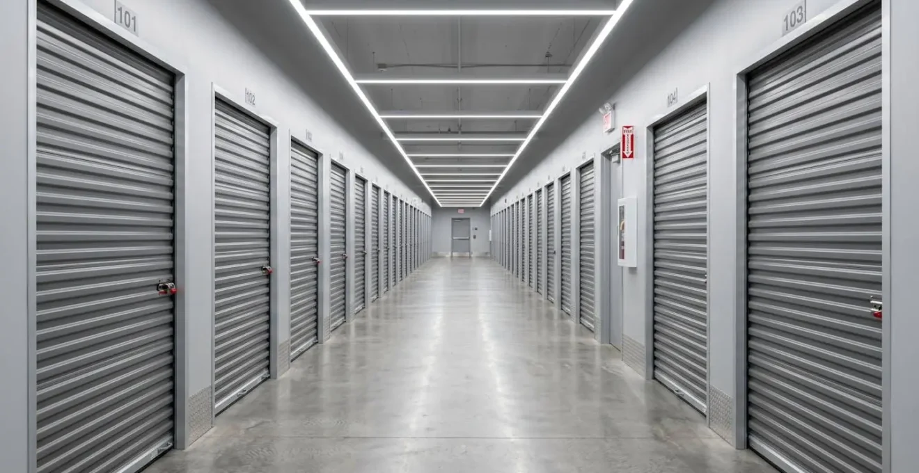 Couloir de box de stockage modernes avec éclairage LED et portes métalliques sécurisées, illustrant le self-stockage en libre-service