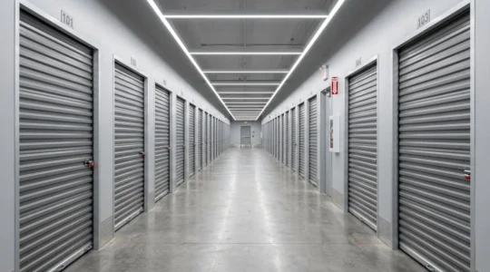 Couloir de box de stockage modernes avec éclairage LED et portes métalliques sécurisées, illustrant le self-stockage en libre-service