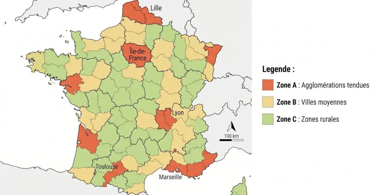 Carte de France administrative montrant zonage ABC bis des prêts aidés : zone A en rouge-orange pour agglomérations tendues, zones B en jaune pour villes moyennes, zone C en vert pour zones rurales, avec légende en français
