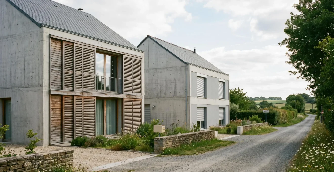 Comparaison visuelle de deux maisons : volets coulissants traditionnels à gauche, volets roulants modernes à coffre intégré à droite