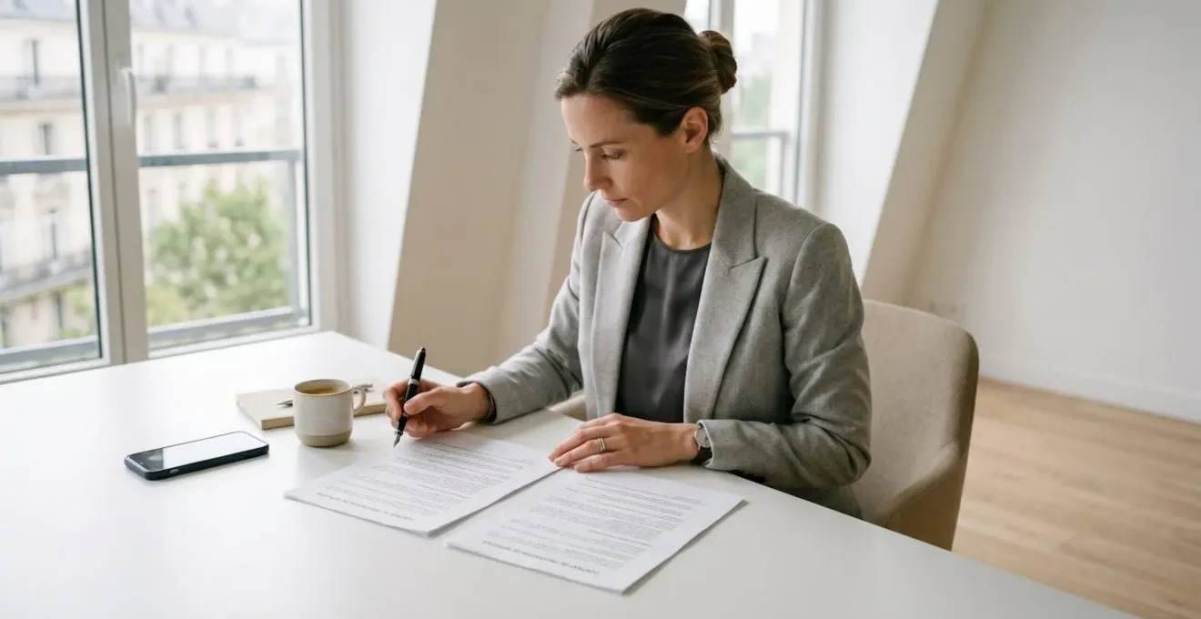 Consultant analysant des documents contractuels sur un bureau moderne épuré avec lumière naturelle, environnement professionnel contemporain en tons neutres
