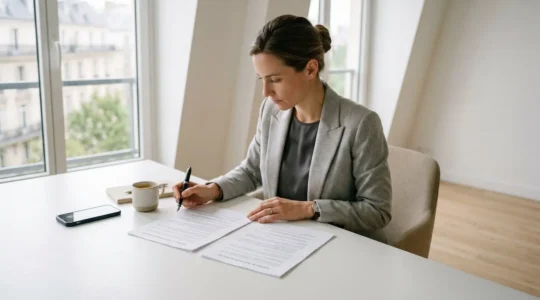 Consultant analysant des documents contractuels sur un bureau moderne épuré avec lumière naturelle, environnement professionnel contemporain en tons neutres