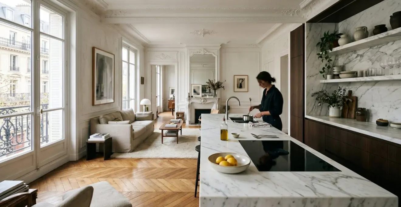 Vue d'une cuisine ouverte sur salon dans un appartement contemporain, plan de travail avec plaque induction à hotte intégrée, aucun équipement visible en hauteur