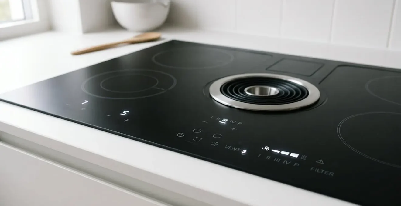 Gros plan sur la surface vitrée d'une plaque induction avec hotte intégrée, affichant les commandes sensitives de cuisson et de ventilation