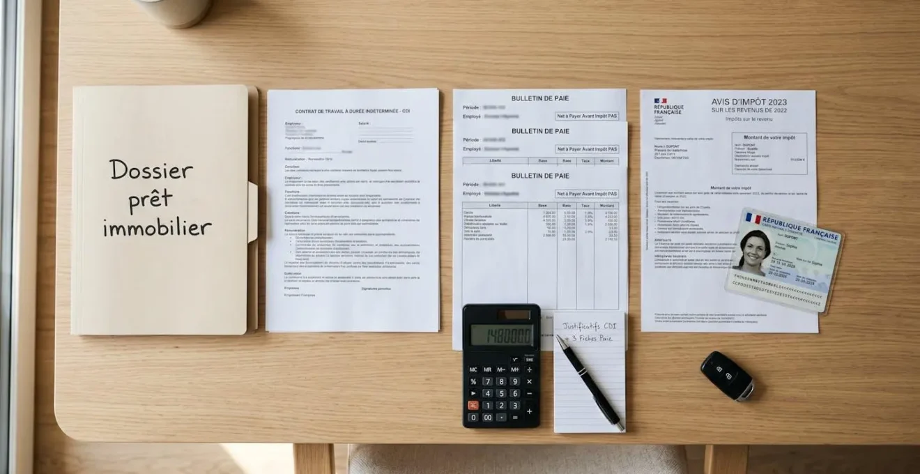 Vue de dessus de documents administratifs organisés sur bureau : avis d'imposition, bulletins de salaire, contrat CDI, pièce d'identité, calculatrice et chemise dossier prêt immobilier