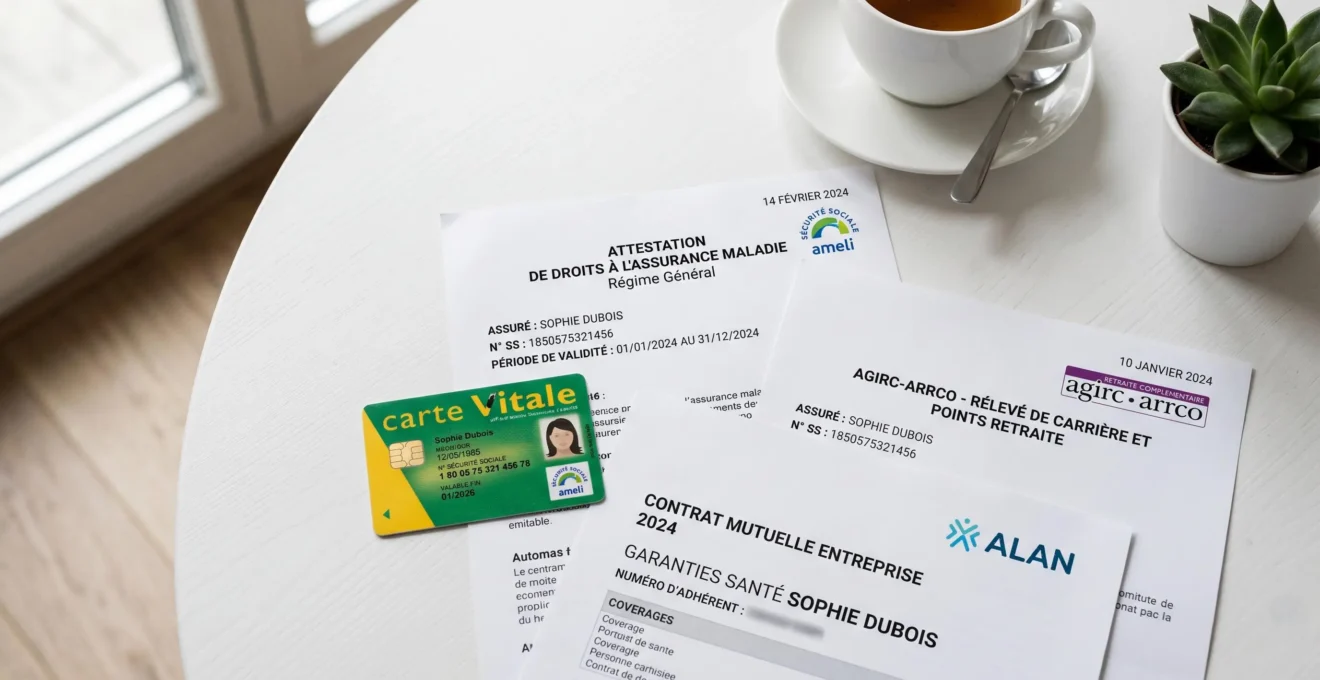 Documents français de protection sociale disposés sur surface blanche : carte Vitale, attestation Sécurité sociale, relevé retraite Agirc-Arrco, contrat mutuelle