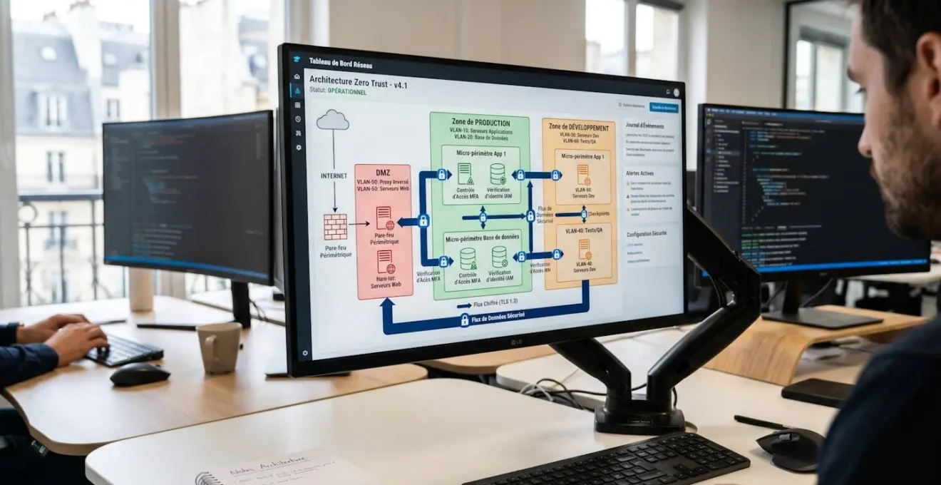 Écran d'architecte Cloud affichant schéma professionnel d'architecture réseau segmentée avec zones de sécurité cloisonnées et flux de données chiffrés
